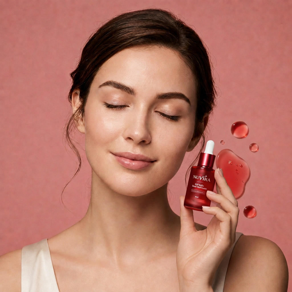 Mujer sosteniendo el suero Nuvira NAD+ EGF Firming Serum