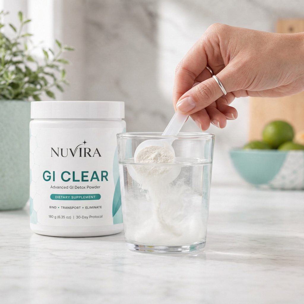 Mezclando una cucharada de GI Clear en un vaso de agua